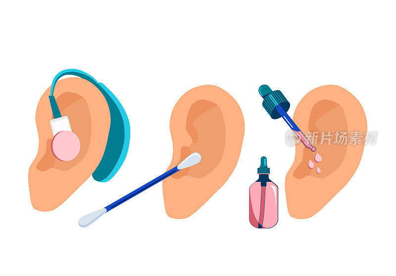 Human ears with aerophone,cotton swab and pipette.Hearing protection.Deafness prevention and otolaryngology.Personal hygiene routine and care.Removing cerumen,otitis treatment with serum medical drops